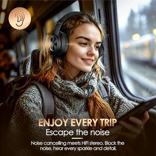 Active Noise Cancelling Headphones, USB C Headphone Wired Over Ear with Mic | USB C Headphones, Hi-Fi Stereo Sound, Big Bass, Portable Foldable Lightweigh Headphone for Airplane Trave/Office/Game/School - color: Black
