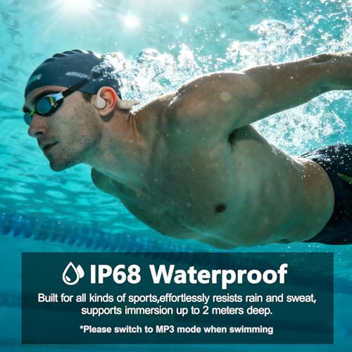 Swimming Headphones Bone Conduction Headphones IPX8 Waterproof Apricot | Waterproof Earbuds for Swimming ,Open Ear Earphones with MP3 Mode 32GB,8H Play Bluetooth 5.4 Ear Buds Secure Fit for Running - color: Apricot