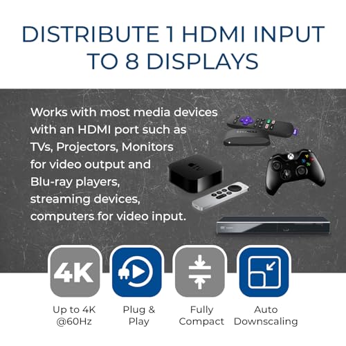 OREI 4K 1 in 8 Out HDMI Splitter 4:4:4 8-bit - HDMI 2.0, HDCP 2.2, 18 Gbps, 4K @ 60Hz HDMI Duplicator/Distributor UltaHD High Resolution (1x8) | OREI 4K 1 in 8 Out HDMI Splitter 4:4:4 8-bit - HDMI 2.0, HDCP 2.2, 18 Gbps, 4K@60Hz HDMI Duplicator UltaHD Hig