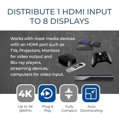 OREI 4K 1 in 8 Out HDMI Splitter 4:4:4 8-bit - HDMI 2.0, HDCP 2.2, 18 Gbps, 4K @ 60Hz HDMI Duplicator/Distributor UltaHD High Resolution (1x8) | OREI 4K 1 in 8 Out HDMI Splitter 4:4:4 8-bit - HDMI 2.0, HDCP 2.2, 18 Gbps, 4K@60Hz HDMI Duplicator UltaHD Hig