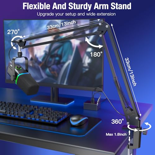 ZealSound USB/XLR Dynamic Microphone with Boom Arm, Podcast Gaming Mic for PC, Mac, iPhone, USB-C & Lightning, RGB Light, Touch Mute, Gain Control, Headphone Monitoring for YouTube TikTok Streaming
