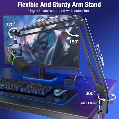 ZealSound USB/XLR Dynamic Microphone with Boom Arm, Podcast Gaming Mic for PC, Mac, iPhone, USB-C & Lightning, RGB Light, Touch Mute, Gain Control, Headphone Monitoring for YouTube TikTok Streaming
