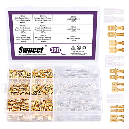 Swpeet 720Pcs Gold 2.8/4.8/6.3mm Male and Female Spade Quick Connectors Wire Crimp Terminal Block with Insulating Sleeve Assortment Kit Perfect for Electrical Wiring Car Audio Speaker