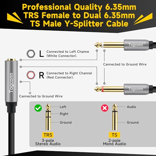 1/4 inch TRS Stereo Splitter Y Adapter, 6.35mm Stereo Female to Dual 6.35 mm TS Mono Male Jack, Quarter inch Audio Speaker Splitter Converter Cable 1 Feet, Gold Plated Connectors - color: 6.35mm TRS Female to Dual 6.35mm Male, size: 1 Pack