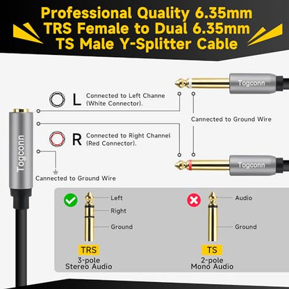 1/4 inch TRS Stereo Splitter Y Adapter, 6.35mm Stereo Female to Dual 6.35 mm TS Mono Male Jack, Quarter inch Audio Speaker Splitter Converter Cable 1 Feet, Gold Plated Connectors - color: 6.35mm TRS Female to Dual 6.35mm Male, size: 1 Pack