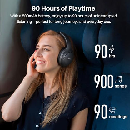 TOZO HT3 Hybrid Noise Cancelling Wireless Headphones, 90H Over Ear Headset | Hi Res Audio, AI Voice Assistant, Dual Device Connection, 32 Custom EQs, Built In 5 Mics, ANC, Foldable with Case - color: Black