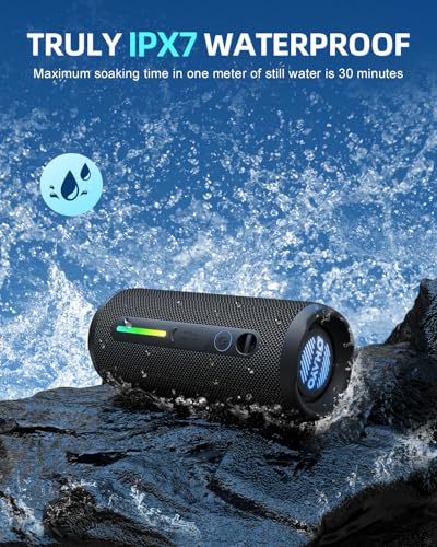 OHAYO Portable Bluetooth Speaker, IPX7 Waterproof, 24W Stereo Bass, LED Lights, Black