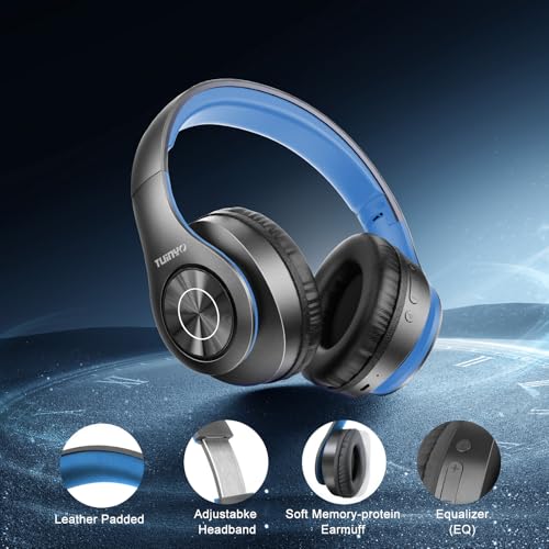 TUINYO Bluetooth Headphones Wireless, Over Ear Stereo Wireless Headset 40H Playtime with deep bass, Soft Memory-Protein Earmuffs, Built-in Mic Wired Mode PC/Cell Phones/TV-Black/Blue … - color: Black/Blue