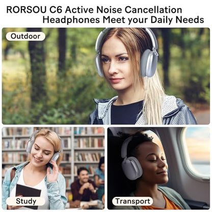C6 Active Noise Cancelling Headphones, Wireless Over Ear Bluetooth Headphones, 60H Playtime, Lightweight Folding Deep Bass Comfort Fit Ear Cups Headset with Mic for iPad/Travel/PC/Home Silver - color: Silver