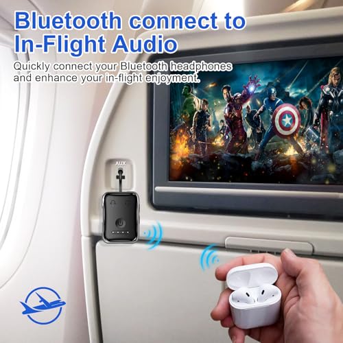 Premium Bluetooth 5.4 Airplane Audio Adapter, 30Hrs Playtime, aptX Adaptive & HD Audio Transmitter for AirPods/Bose, Supports 2 Headphones for Travel Flight & TV - color: Black
