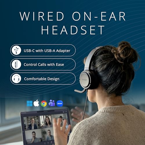 Kensington H950 EQ USB-C/USB-A On-Ear Headset with Noise-Cancelling Mic, Flip-to-Mute, in-Line Controls, Microsoft Teams & Zoom Compatible (K97468WW)