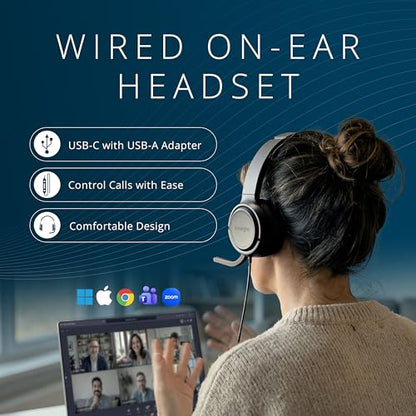 Kensington H950 EQ USB-C/USB-A On-Ear Headset with Noise-Cancelling Mic, Flip-to-Mute, in-Line Controls, Microsoft Teams & Zoom Compatible (K97468WW)