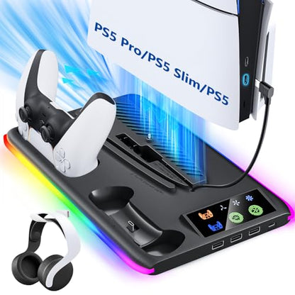 BRHE PS5/Slim/Pro Cooling & Charging Station with Cooling Fan,PS5/Slim/Pro Stand for Disc & Digital Console,PS5 Controller Charger,PS5 Accessories with 3 Charging Ports,Headset Holder - color: Black
