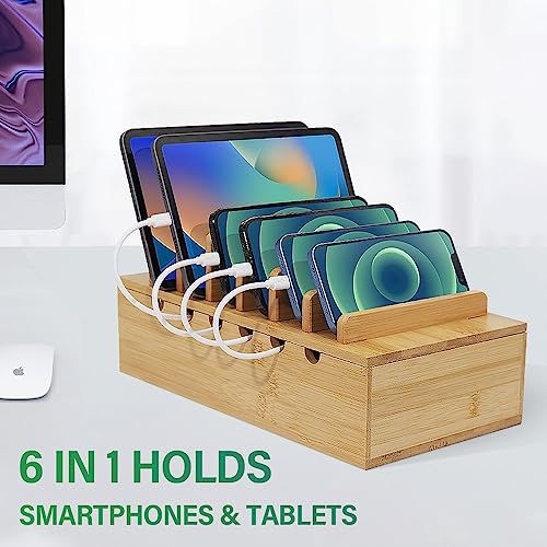 Bamboo Charging Station for Multiple Devices, Desk Docking Stations Organizer Compatible with iPhone Devices, Wood Charging Cell Phone Holder Stand (Includes 6 Cables) (NO Power Supply)