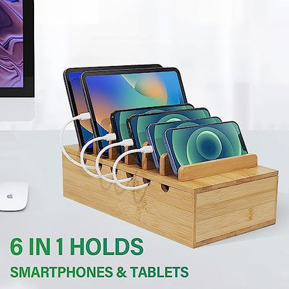 Bamboo Charging Station for Multiple Devices, Desk Docking Stations Organizer Compatible with iPhone Devices, Wood Charging Cell Phone Holder Stand (Includes 6 Cables) (NO Power Supply)