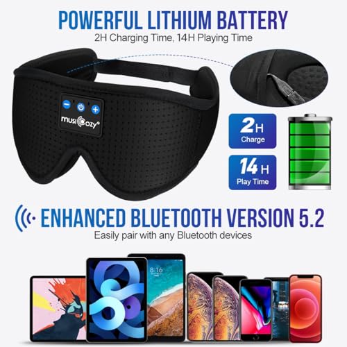 MUSICOZY 3D Sleep Headphones Bluetooth 5.4 Breathable Sleep Eye Mask | Cooling Fabric Lining with Blackout Design for Side Sleeper, HD Stereo Sound, 14 Hours Playtime for Sleep, Travel, Relaxation - color: Black