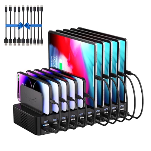20-Port 270W Charging Station for Multiple Devices, USB Charger Station | with Adjustable Dividers & 10 Cables, Multi Device Organizer Charging Dock for iPhone, iPad, Tablets & More(Black) - color: Black