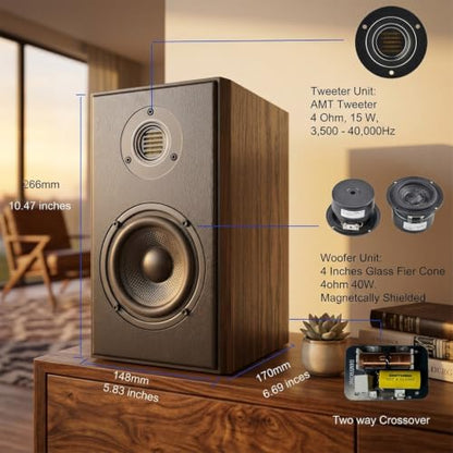 4 inches Active Bluetooth Bookshelf Speakers with AMT Tweeter | 60W Computer Speakers for Music and Gaming,2.0 Speakers for Desktop PC or Laptop, RCA,Optocal,HDMI ARC And USB Input - size: 4 inches
