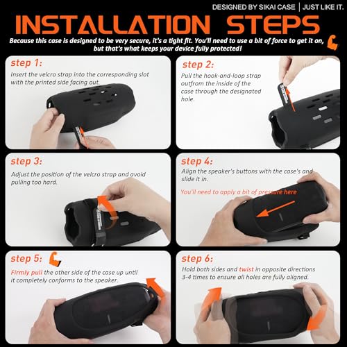 SIKAI CASE Silicone Case Compatible with JBL Charge 6, Portable Speaker Mount with Adjustable Strap & Detachable Shoulder Strap for Bike, Motorcycle, Golf Cart, Boat Railing, Case Only - color: Black