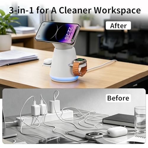 3-in-1 Rotatable MagSafe Wireless Charging Station for Apple, 25W Total Output Fast Charging Magnetic Dock Compatible with iPhone 12/13/14/15/16/17 Series, Apple Watch,Air Pods (Adapter Included)
