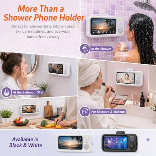 Water-Resistant Shower Phone Holder with Bluetooth Speaker, Wall Mounted Bathroom Phone Mount for Smartphones up to 7”, Touchscreen Compatible, Hands-Free for Shower & Kitchen (White Light-Up Button) - color: White Light-Up Button
