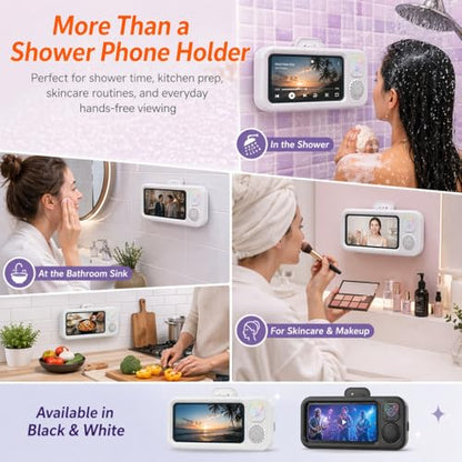 Water-Resistant Shower Phone Holder with Bluetooth Speaker, Wall Mounted Bathroom Phone Mount for Smartphones up to 7”, Touchscreen Compatible, Hands-Free for Shower & Kitchen (White Light-Up Button) - color: White Light-Up Button