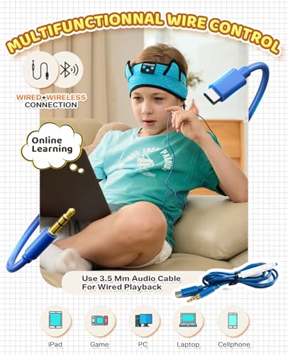 KIDSBAND Kids Headphones, Toddler/Baby Bluetooth Headband, Wireless Sleep Headphones for Kids with Wired Playback 3.5 MM Jack for Teens/Boys/Girls/School/Kindle/Airplane Travel/Plane/Tablet - color: LightBlue