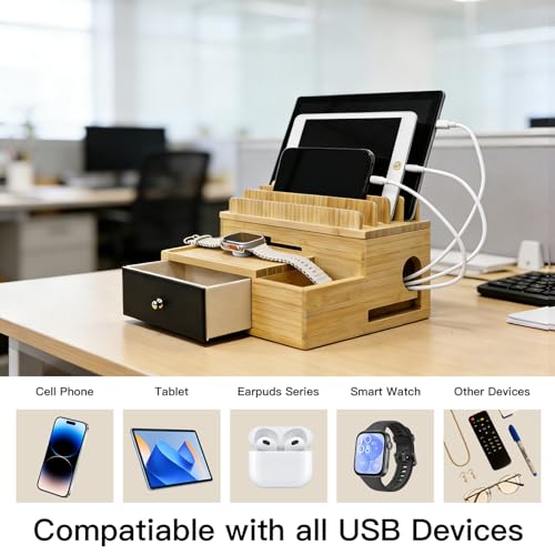 Bamboo Charging Station Organizer with Drawer and Pen Holder | Charging Stand Rack for Multi-Devices, Cable Organizer Box, Bedside Dock Stand Holder (Include 5 Cables)(No Power Adapter)