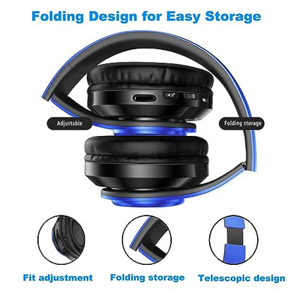 LED Bluetooth Over-Ear Headphones Blue w/ Mic HiFi Foldable Wired Wireless | Colorful LED Over-Ear Bluetooth Headphones Blue, HiFi Stereo with Mic, Foldable Wired Wireless for Gaming Classroom Gift - color: Blue