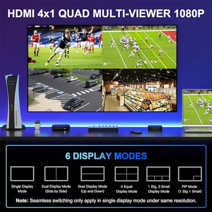 HDMI Multiviewer Switch 4x1 with PIP, PORTTA Quad Multi Viewer Seamless Switcher 4 in 1 Out with Toslink, 3.5mm Audio Output Support 1080p 60Hz, 6 Viewing Modes, Downscaler, Compatible with PS4 Xbox - size: Multiviewer 4x1 1080P