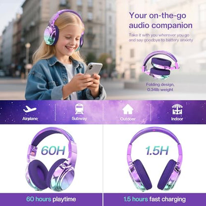 QearFun Kids Bluetooth Headphones, 60H Playtime, 74/85/94dB Volume Limit | For school, tablet, travel, kids wireless headphones feature HD mic, fast charging, foldable design, boys girls, wired mode - color: Purple