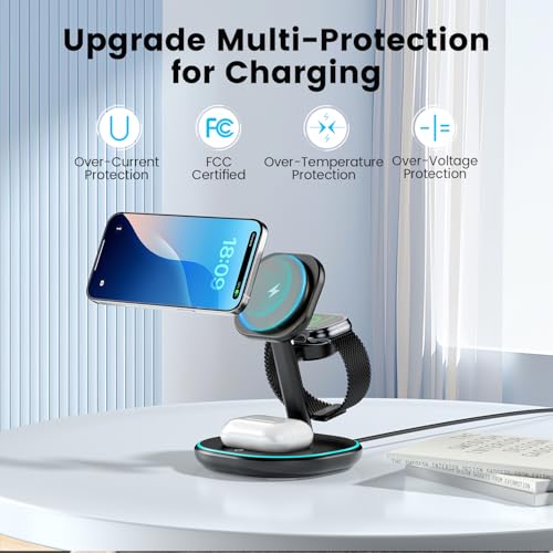 3-in-1 Charging Station, 2X Faster 15W Wireless Charging Station for iPhone 16/15/14/13/12, for Apple Watch, AirPods, Magnetic Wireless Charger with Sleep Friendly Light (Black)