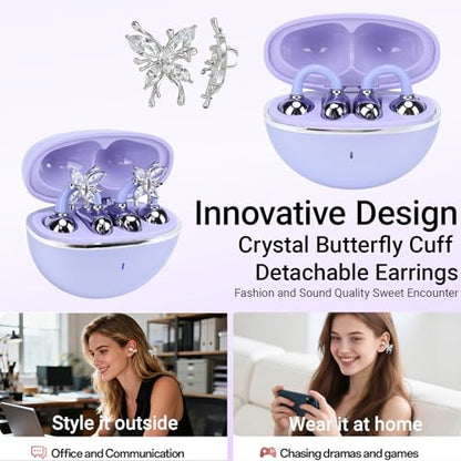 2026 New Jewelry-Inspired Clip-On Earbuds with Detachable Sparkle Butterfly Earrings, Bluetooth 6.0, Cute Wireless Headphones for Women, 50H Playtime, Low Latency, Sports & Workouts (Purple) - color: Purple