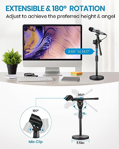 Moukey Mic Stand Desk Adjustable Tabletop Microphone Stand with Non-Slip Mic Clip, Short Table Mic Stand with Gear Fixing, Boom Arm, 3/8" and 5/8" Adapter, MMs-5