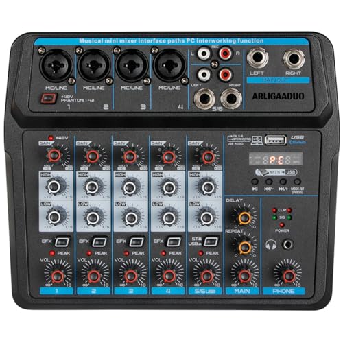 Professional DJ Audio Mixer, NEW BAXS 6 Channel Bluetooth Controller Sound Mixer, USB Interface, 99-Bit DSP XLR, AUX, TRS Processor MP3 Player w/48V Phantom For Karaoke Studio Streaming Recording