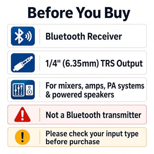 6dot35 Bluetooth Receiver with 1/4" TRS 6.35mm Output for Mixers | For PA/DJ/Amps, aptX HD & Low Latency, AAC/SBC, TWS Stereo Requires 2 Units, 10+ Hour Rechargeable Battery