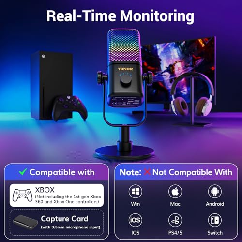 TONOR Gaming Microphone Compatible with Xbox, RGB Condenser Streaming Mic, Low Noise, Gain Control, One Tap Mute, Compatible with Capture Card, 200 cm/78inch Cable, Desktop Stand, Black TCX3 - color: Black, style: Microphone