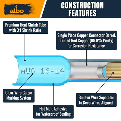ALBO 200 Pcs Heat Shrink Butt Connectors for 26-10 AWG Electrical Wire | Strong Crimped Splices, Heat-Activated Seal Helps Block Moisture and Prevent Wire Pullout - color: Butt 200Pcs Set 26-10 AWG