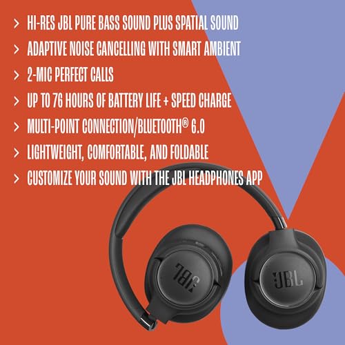 JBL Tune 780NC - Noise Cancelling Headphones - Black | Hi-Res JBL Pure Bass Sound plus Spatial Sound, Adaptive Noise Cancelling with Smart Ambient - color: Black