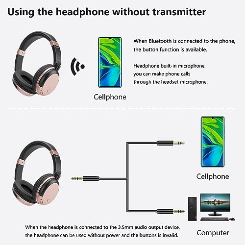 Wireless TV Headphones with Bluetooth USB Transmitter - Rose Gold | Low latency over-ear headset with clear mic & 3.5mm AUX. Connect to TV/PC via USB transmitter or directly to phone. - color: Rose Gold
