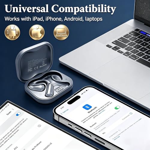 Open Ear Headphones, Wireless Headphones with Smart Digital Display & Mic | (Gray) Open Ear Earbuds 35H Playtime, Sweat Resistant & Waterproof, Secure Comfortable Fit - Running, Sport, Driving, Daily - color: Gray
