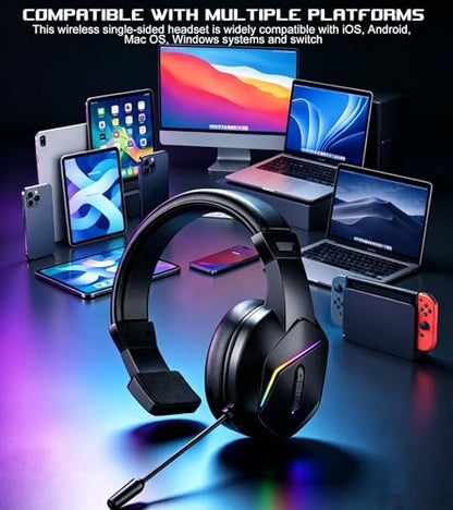 Wireless One Ear Headset with Mic, Single Ear Trucker Headset for PC/Computer/Laptop/Mac/iPad/iPhone/Android/Switch, Gaming Headphones with RGB Light, Mute Button for Truck Driver, Office Work, Chat
