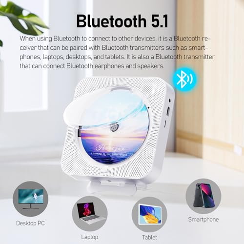 MICOCIOUS Bluetooth Portable Home CD Music Player with Remote Control, Timer, Built-in Speakers and LED Display - FM Radio Boombox (White) - color: White