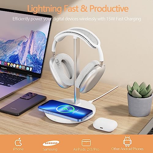 Hiwe Headphone Stand with Wireless Charger, Gaming Headset Holder for Desk | 2 in 1 Charging Station for iPhone, Samsung, AirPods and Desk All Headphones, Aluminum Support Rod, Heavy Base Stand, White - color: White