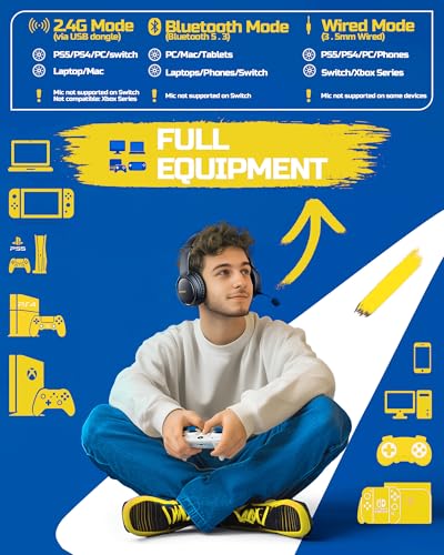 BINNUNE Wireless Gaming Headset — 2.4GHz Low-Latency USB Dongle + Bluetooth, 50mm Drivers 7.1 Surround, Noise-Cancelling Mic, 40H Battery — Over Ear Wireless Headphones for PS5, PC, Laptop, Yellow - color: Yellow, style: For PS5