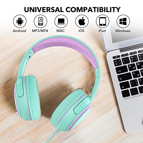 JOMILIN A10 Kids Headphones with Microphone, Folding Portable Wired Headphones with 1.5M No-Tangle Cord for Smartphone Tablet Computer MP3/4 (Green)