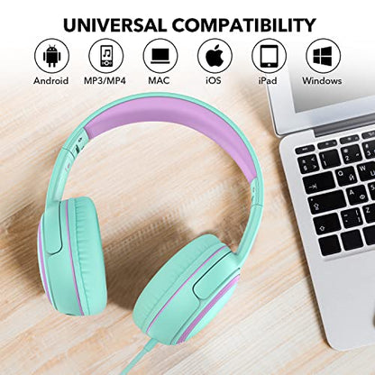 JOMILIN A10 Kids Headphones with Microphone, Folding Portable Wired Headphones with 1.5M No-Tangle Cord for Smartphone Tablet Computer MP3/4 (Green)