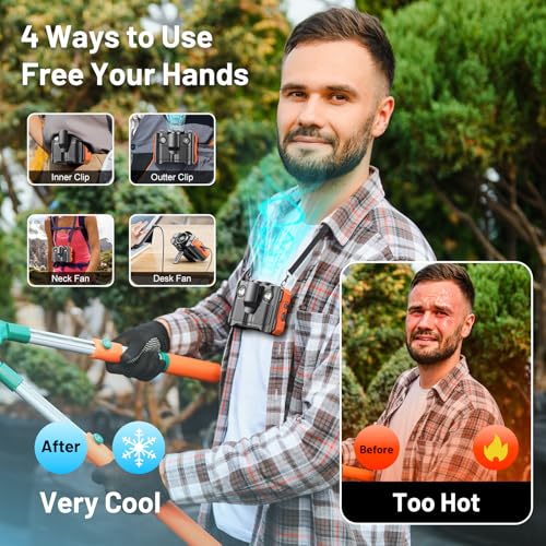 Portable Waist Fan 4-in-1, 16000 RPM Max 5-Speed Rechargeable Clip-On Fan with Bluetooth Speaker, Emergency Power Source 8000mAh, LED Light, Digital Display for Travel Camping Office