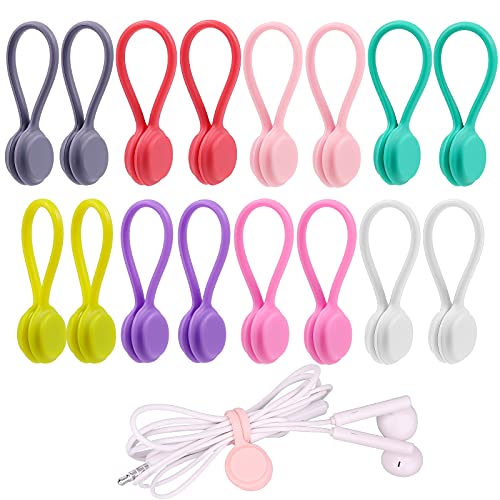 LUTER 16 Pieces Magnetic Clips Straps Cables Organizers Cord Reusable Silicone Cable Ties for Cable Earphone Line USB Cables Charging Pens Keychain (8 Colours)