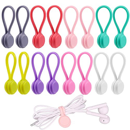 LUTER 16 Pieces Magnetic Clips Straps Cables Organizers Cord Reusable Silicone Cable Ties for Cable Earphone Line USB Cables Charging Pens Keychain (8 Colours)